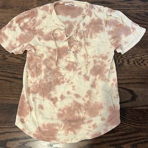Anthropologie Cream and Brown Tie Front Short Sleeve T-Shirt Size XS